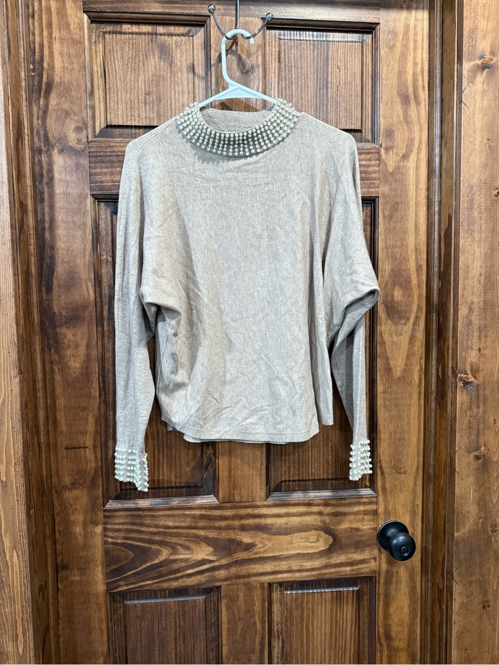Pearl-Embellished Cream Turtleneck Sweater